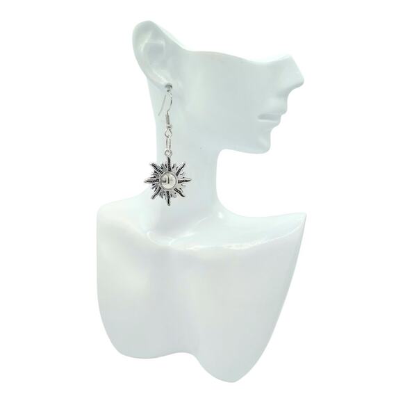 Silver sunburst dangle earrings — lightweight boho celestial jewelry - Picture 3 of 3